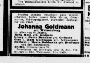 Abschied von Johanna Goldmann. Quelle: Berliner Tageblatt und Handelszeitung, Morgen-Ausgabe, Dienstag 17.7.1928.