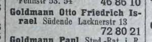 Letztes Lebenszeichen: Otto Goldmann im Berliner Telefonbuch von 1940 mit dem gesetzlich vorgeschriebenen, diskriminierenden Namenszusatz "Israel".